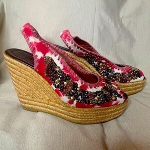 Bacio 61 Floral Beaded Wedge Peep-toe Slingback Espadrilles::EUC::Summer Staple